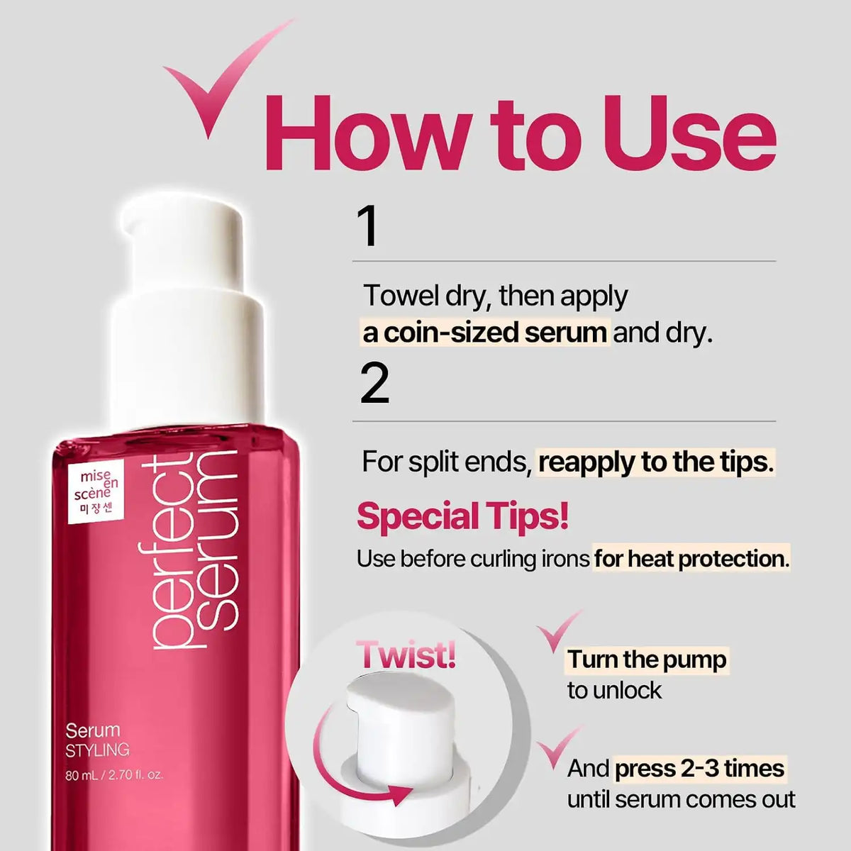 Mise En Scene Perfect Serum Styling - Heat Damage Protection Oil for All Hair Types | Holding Bounce & Heat Protectant | Hair Essence for Long Lasting Curl | Argan Oil | Powdery Scent. 2.70 Fl. Oz.