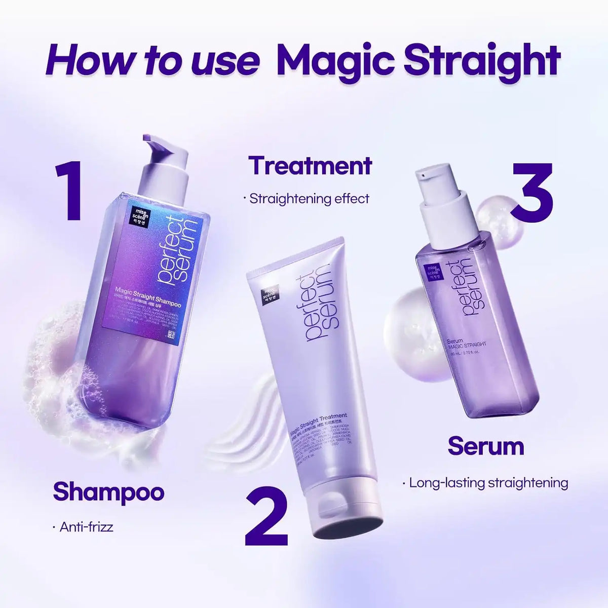 Mise En Scene Magic Straight Serum and Treatment - Hair Taming Oil for Frizzy | Heat Protectant | Straightening Fixing | Humidity Hair Products | Coconut Oil | Sleek and Shine | Bergamot Scent